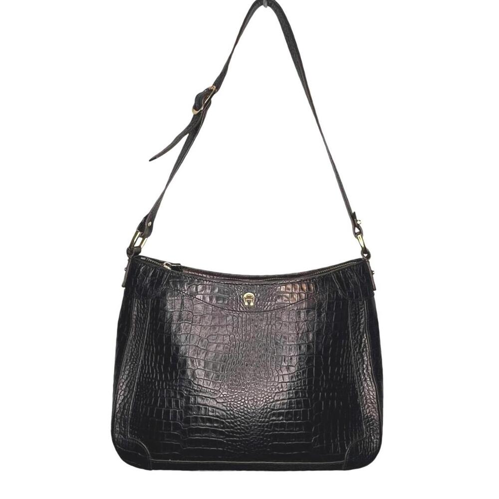 VTG  90s Etienne Aigner Black Croc Embossed Leather Hobo GothChic Shoulder Bag